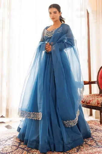 Navy Blue Organza Lehenga Set