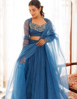 Navy Blue Organza Lehenga Set 4