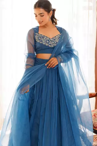 Navy Blue Organza Lehenga Set