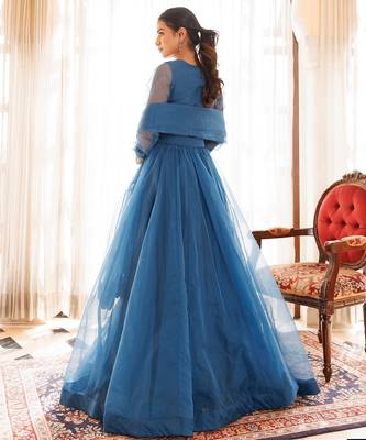 Navy Blue Organza Lehenga Set 5