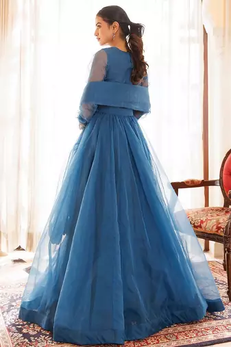 Navy Blue Organza Lehenga Set