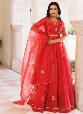 Savvy Red Mukaish Work Lehenga Set 1