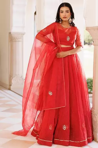 Savvy Red Mukaish Work Lehenga Set