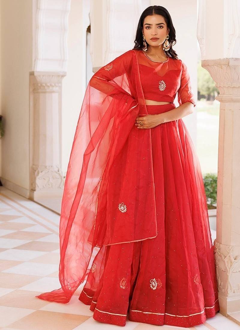 Savvy Red Mukaish Work Lehenga Set