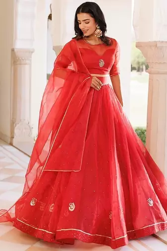 Savvy Red Mukaish Work Lehenga Set