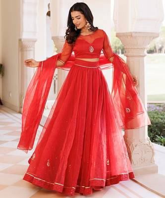 Savvy Red Mukaish Work Lehenga Set 3