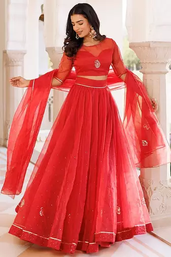 Savvy Red Mukaish Work Lehenga Set