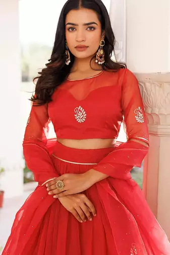 Savvy Red Mukaish Work Lehenga Set