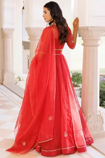 Savvy Red Mukaish Work Lehenga Set