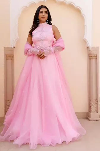 Soft Pink Organza Embroidered Lehenga Set