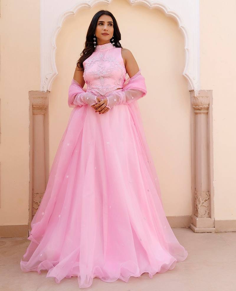 Soft Pink Organza Embroidered Lehenga Set