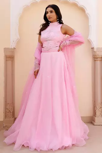 Soft Pink Organza Embroidered Lehenga Set