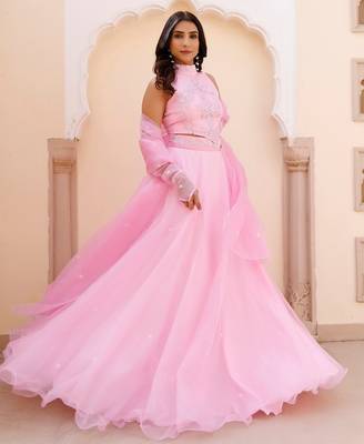 Soft Pink Organza Embroidered Lehenga Set 3