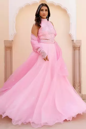 Soft Pink Organza Embroidered Lehenga Set