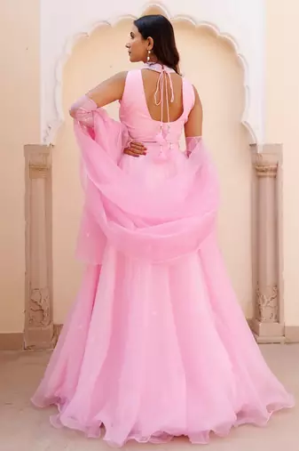 Soft Pink Organza Embroidered Lehenga Set