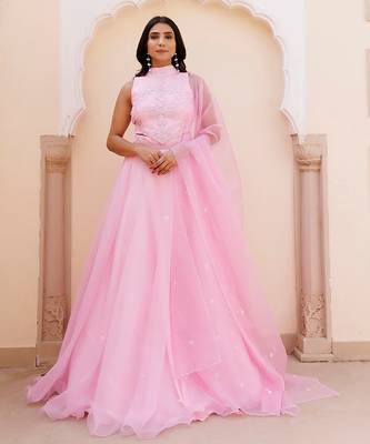 Soft Pink Organza Embroidered Lehenga Set 5