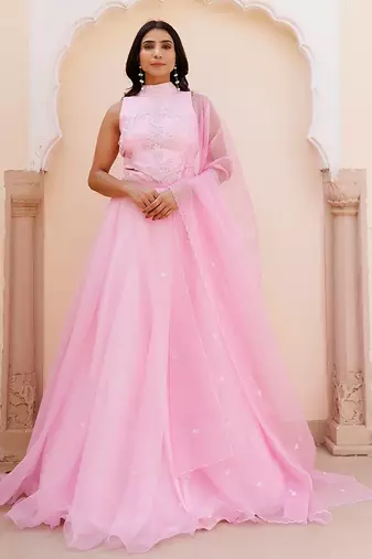 Soft Pink Organza Embroidered Lehenga Set