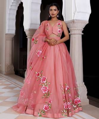 Eleganca in Bloom Pink Handpainted Organza Lehenga Set 1