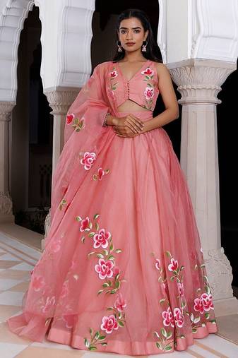 Eleganca in Bloom Pink Handpainted Organza Lehenga Set