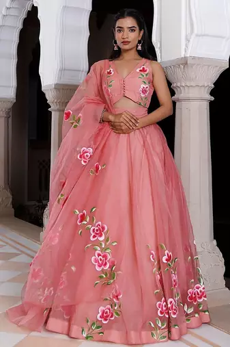 Eleganca in Bloom Pink Handpainted Organza Lehenga Set
