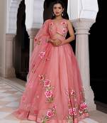 Eleganca in Bloom Pink Handpainted Organza Lehenga Set