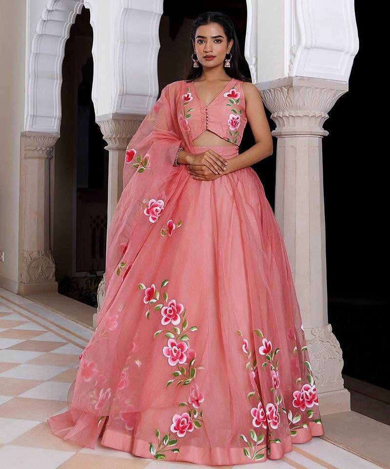 Eleganca in Bloom Pink Handpainted Organza Lehenga Set