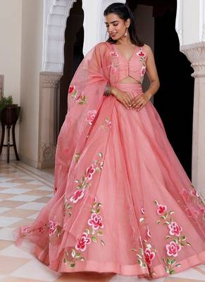 Eleganca in Bloom Pink Handpainted Organza Lehenga Set 2