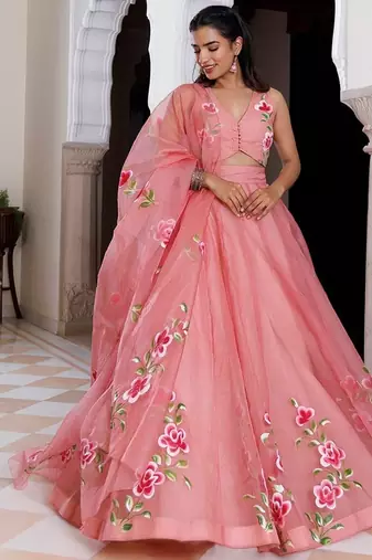 Eleganca in Bloom Pink Handpainted Organza Lehenga Set