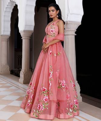 Eleganca in Bloom Pink Handpainted Organza Lehenga Set 3