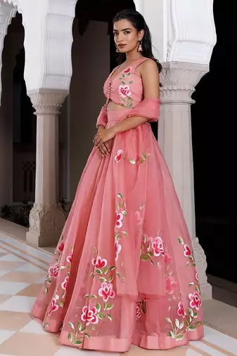 Eleganca in Bloom Pink Handpainted Organza Lehenga Set