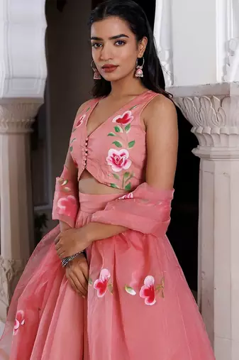 Eleganca in Bloom Pink Handpainted Organza Lehenga Set