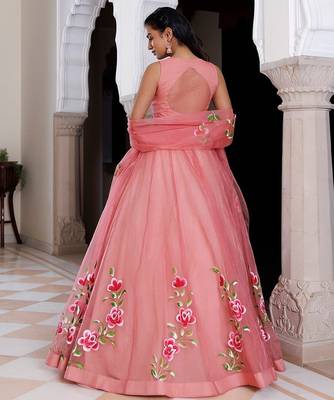 Eleganca in Bloom Pink Handpainted Organza Lehenga Set 5