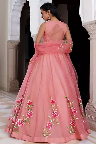 Eleganca in Bloom Pink Handpainted Organza Lehenga Set