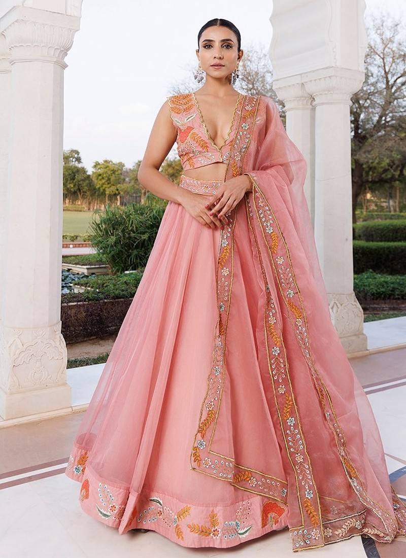 Peach Fuzz Embroidered Organza Lehenga Set