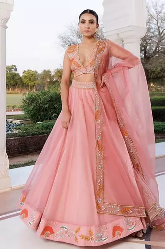 Peach Fuzz Embroidered Organza Lehenga Set