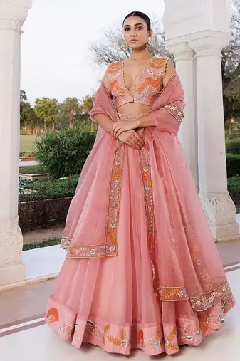 Peach Fuzz Embroidered Organza Lehenga Set