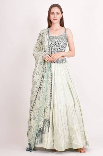 MINT GREEN EMBROIDERED WORK RAYON FABRIC LEHENGA CHOLI WITH DUPATTA.