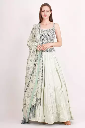 MINT GREEN EMBROIDERED WORK RAYON FABRIC LEHENGA CHOLI WITH DUPATTA.