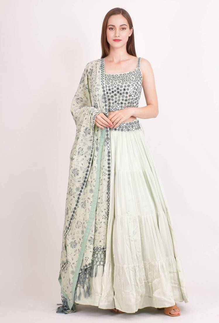 MINT GREEN EMBROIDERED WORK RAYON FABRIC LEHENGA CHOLI WITH DUPATTA.
