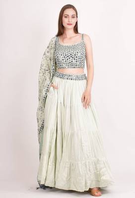 MINT GREEN EMBROIDERED WORK RAYON FABRIC LEHENGA CHOLI WITH DUPATTA. 2