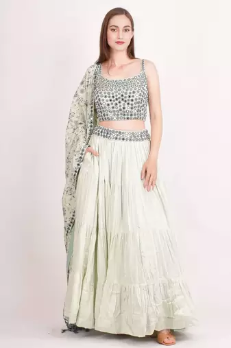 MINT GREEN EMBROIDERED WORK RAYON FABRIC LEHENGA CHOLI WITH DUPATTA.