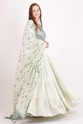 MINT GREEN EMBROIDERED WORK RAYON FABRIC LEHENGA CHOLI WITH DUPATTA. 3