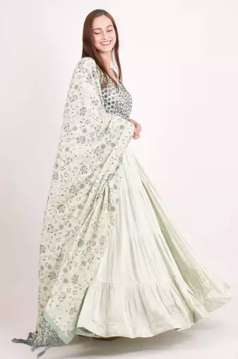 MINT GREEN EMBROIDERED WORK RAYON FABRIC LEHENGA CHOLI WITH DUPATTA.