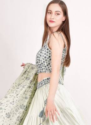 MINT GREEN EMBROIDERED WORK RAYON FABRIC LEHENGA CHOLI WITH DUPATTA. 4