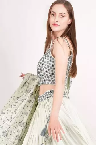 MINT GREEN EMBROIDERED WORK RAYON FABRIC LEHENGA CHOLI WITH DUPATTA.