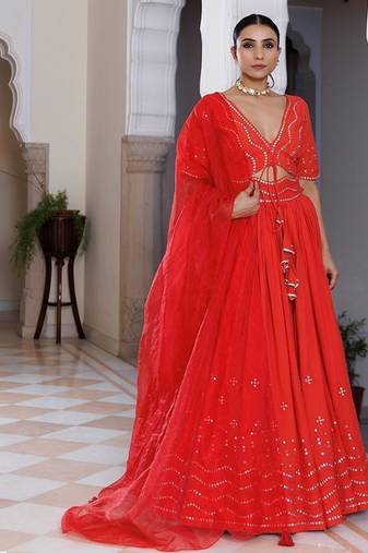 Red Cherry Mirror Work Embroidered Cotton Lehenga Set