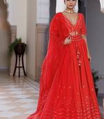 Red Cherry Mirror Work Embroidered Cotton Lehenga Set