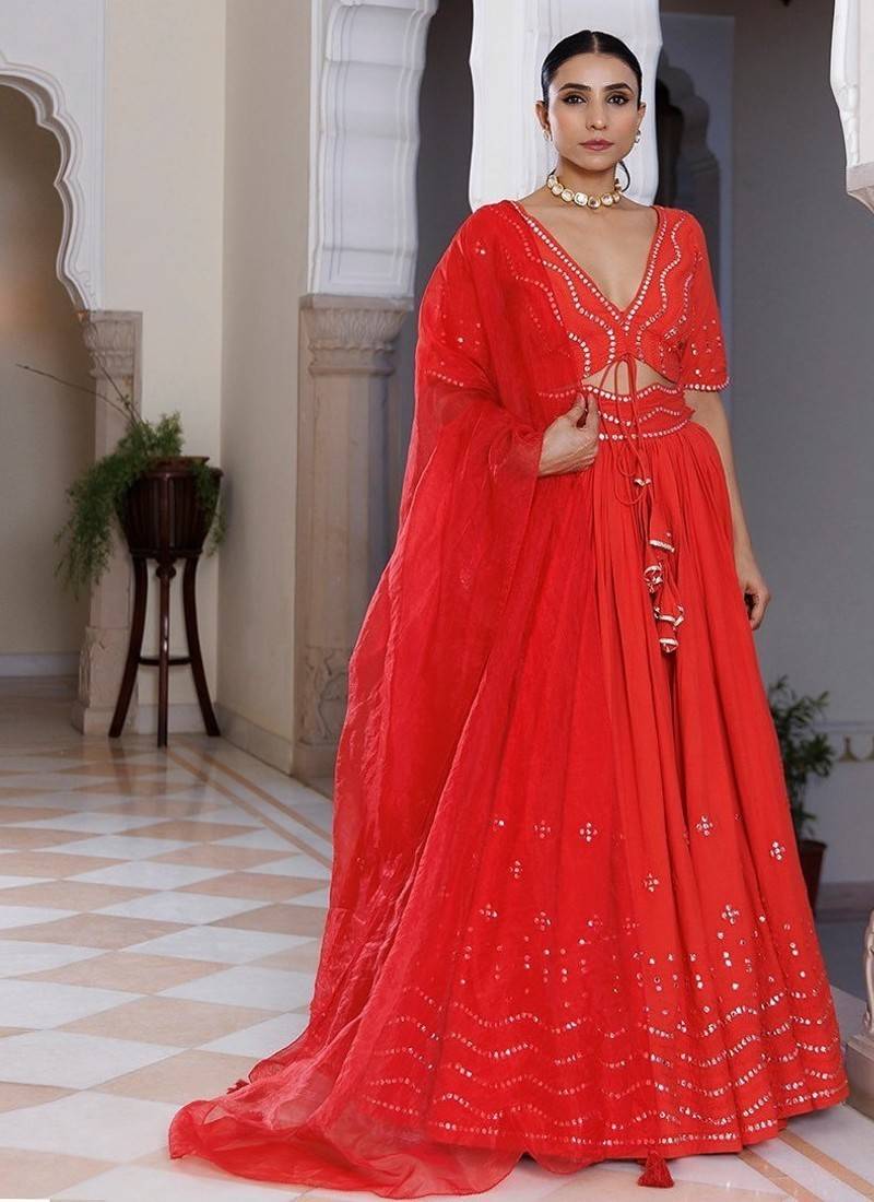 Red Cherry Mirror Work Embroidered Cotton Lehenga Set