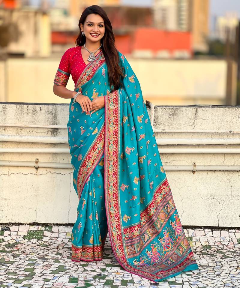 Blue viscose silk position print & zari weaving saree with contrast blouse piece