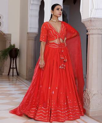 Red Cherry Mirror Work Embroidered Cotton Lehenga Set 2